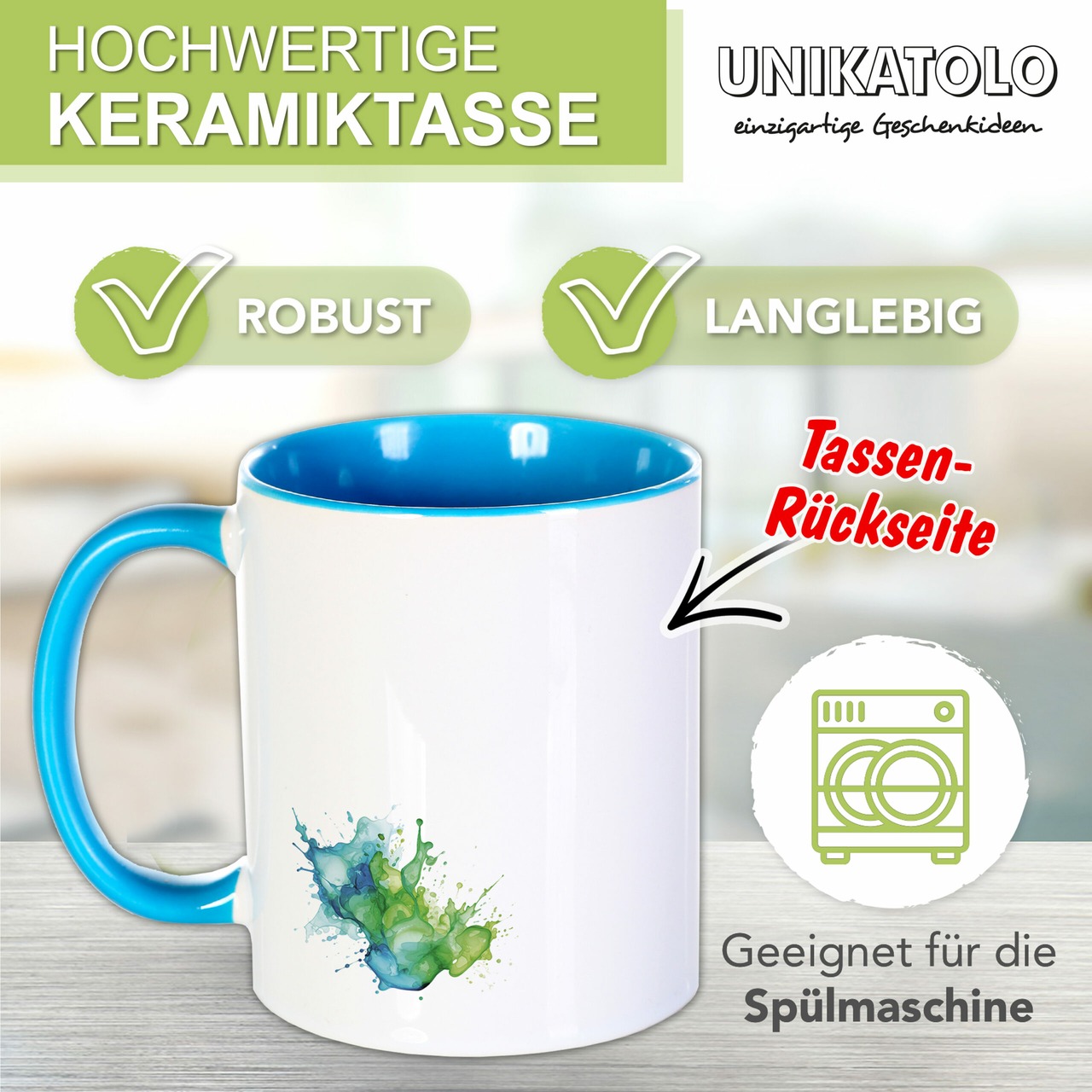 Unikatolo Tasse Schulkind Dino und Name personalisiert hellblau
