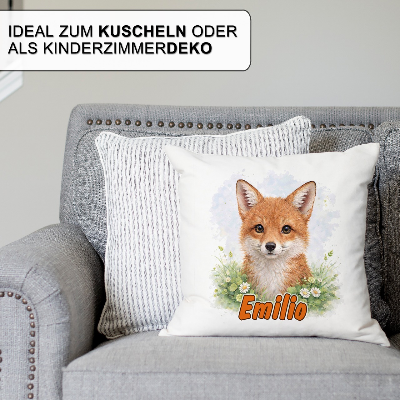 Personalisiertes Kissen mit Fuchs (2) und Name bedruckt