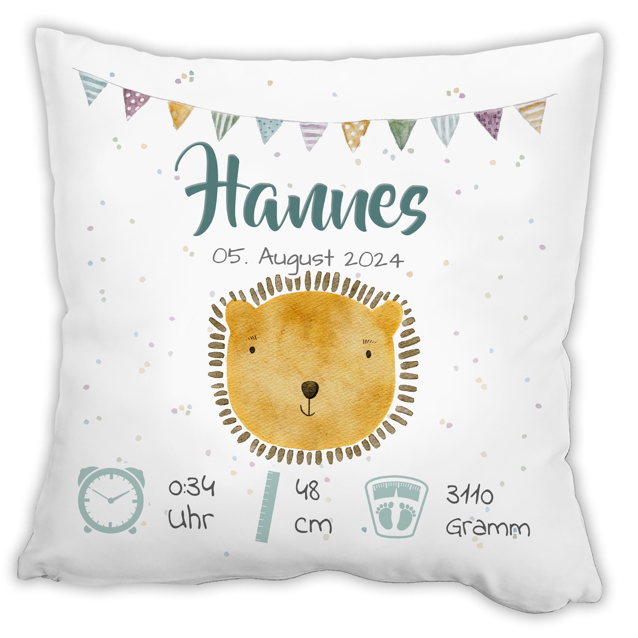 Personalisiertes Kissen zur Geburt mit Geburtsdaten | Löwe