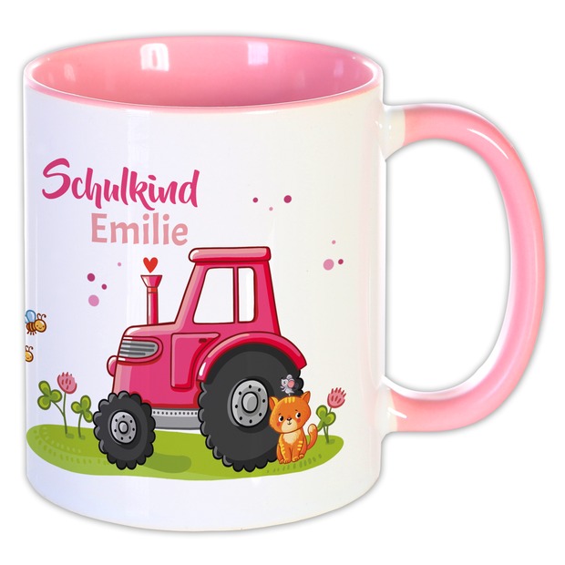 Unikatolo Tasse Schulkind Traktor und Name personalisiert PINK