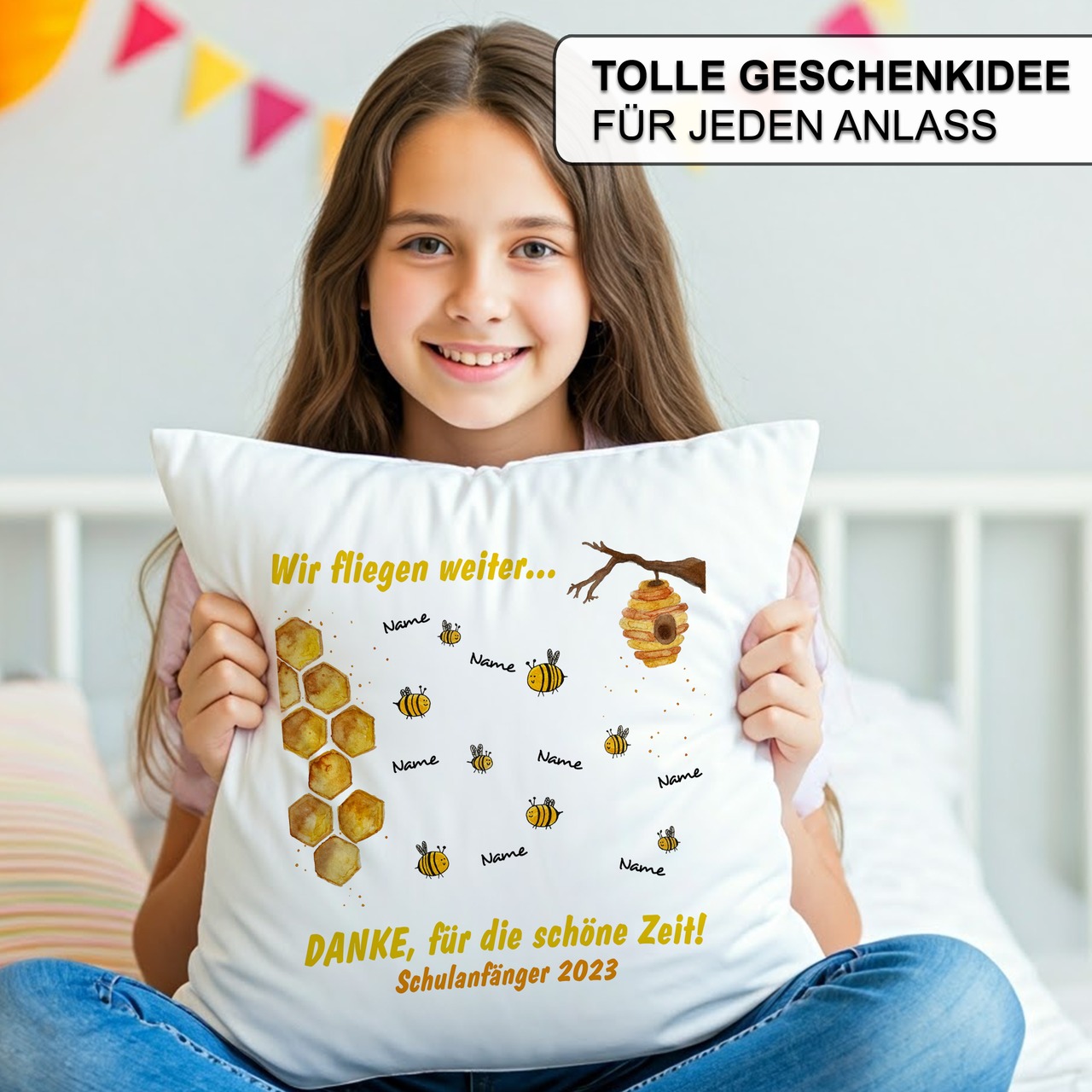 Unikatolo Kissen Kita-Abschiedsgeschenk mit Bienen und Namen - bis 30 Namen