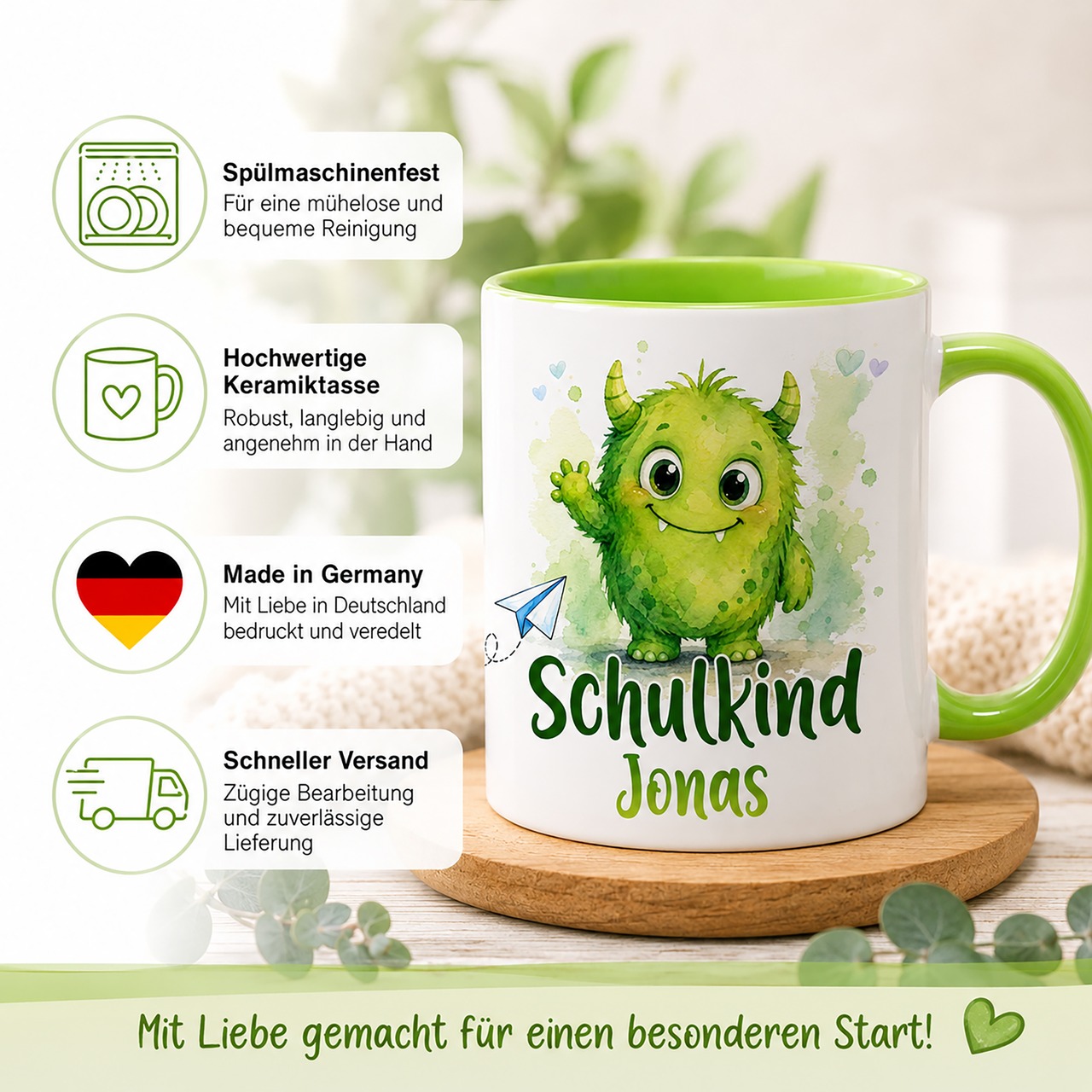 Unikatolo Tasse Schulkind Monster mit Name personalisiert GRÜN