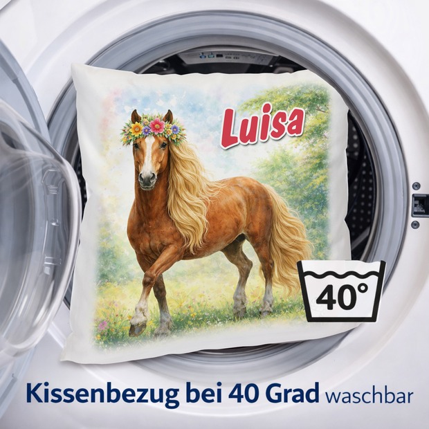 Personalisiertes Kissen mit Pferd und Name bedruckt
