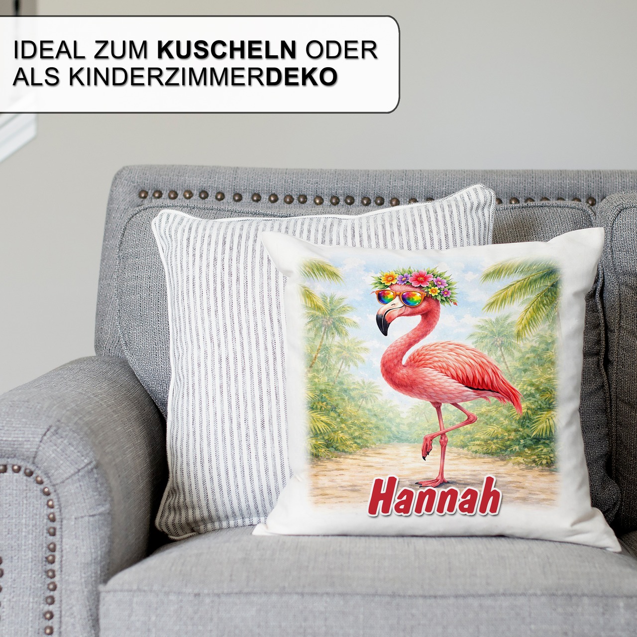 Personalisiertes Kissen mit Flamingo und Name bedruckt