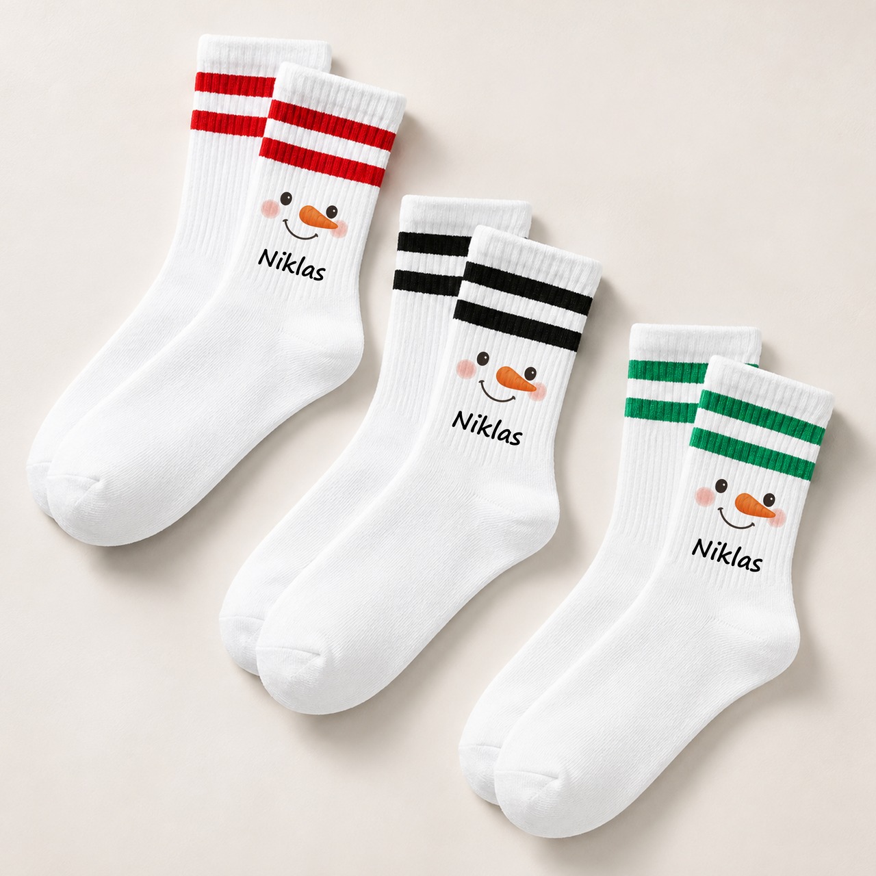 Weihnachtssocken Schneemanngesicht mit Name