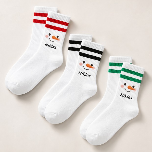 Weihnachtssocken Schneemanngesicht mit Name