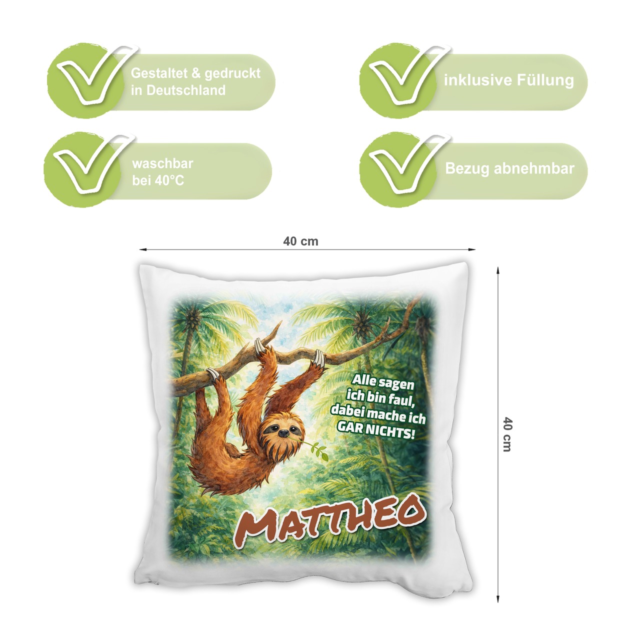 Personalisiertes Kissen mit Faultier und Name bedruckt