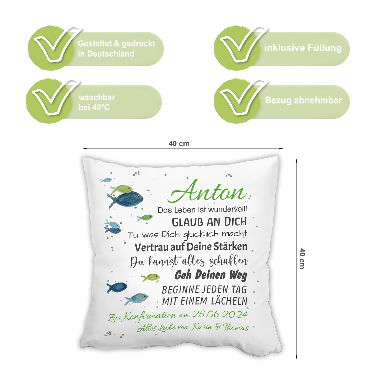 Unikatolo Kissen Konfirmation Jugendweihe GRÜN mit Name personalisiert