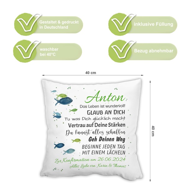 Unikatolo Kissen Konfirmation Jugendweihe GRÜN mit Name personalisiert