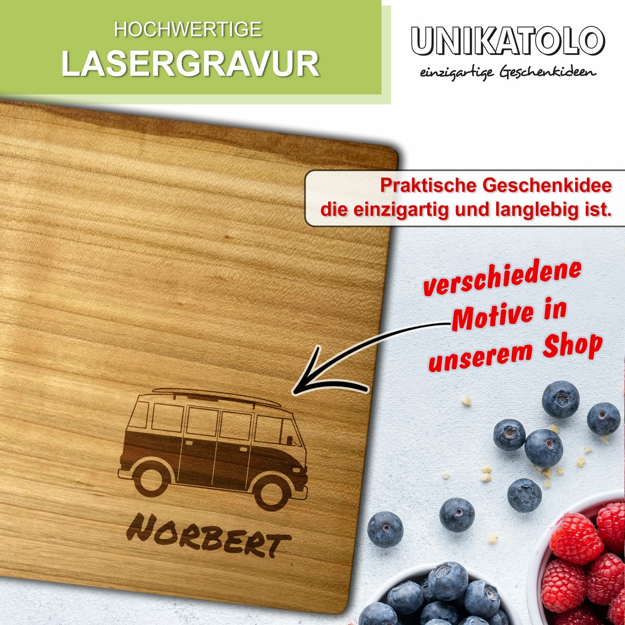 Unikatolo Herz Schneidebrett Kirschholz mit Name + Bus Camper Van