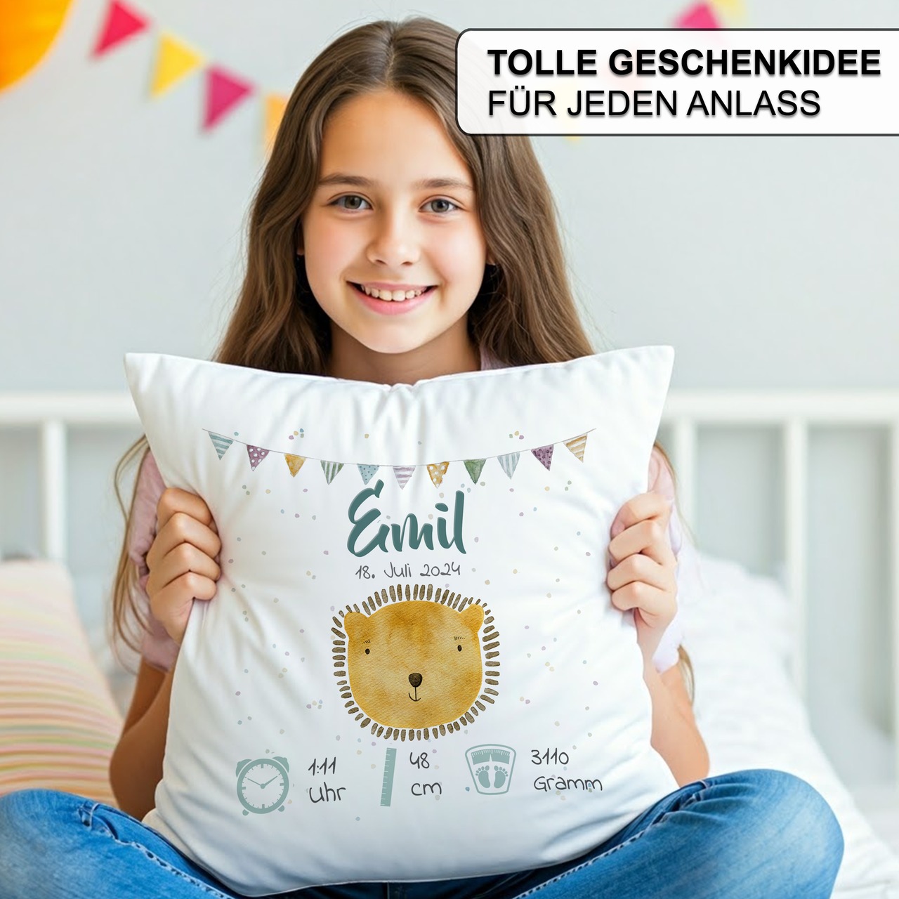 Personalisiertes Kissen zur Geburt mit Geburtsdaten | Löwe