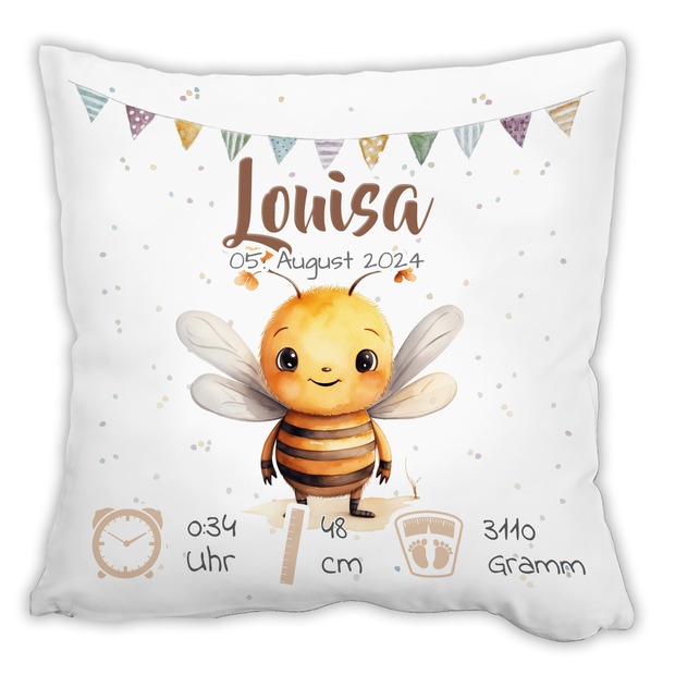 Personalisiertes Kissen zur Geburt mit Geburtsdaten | Biene