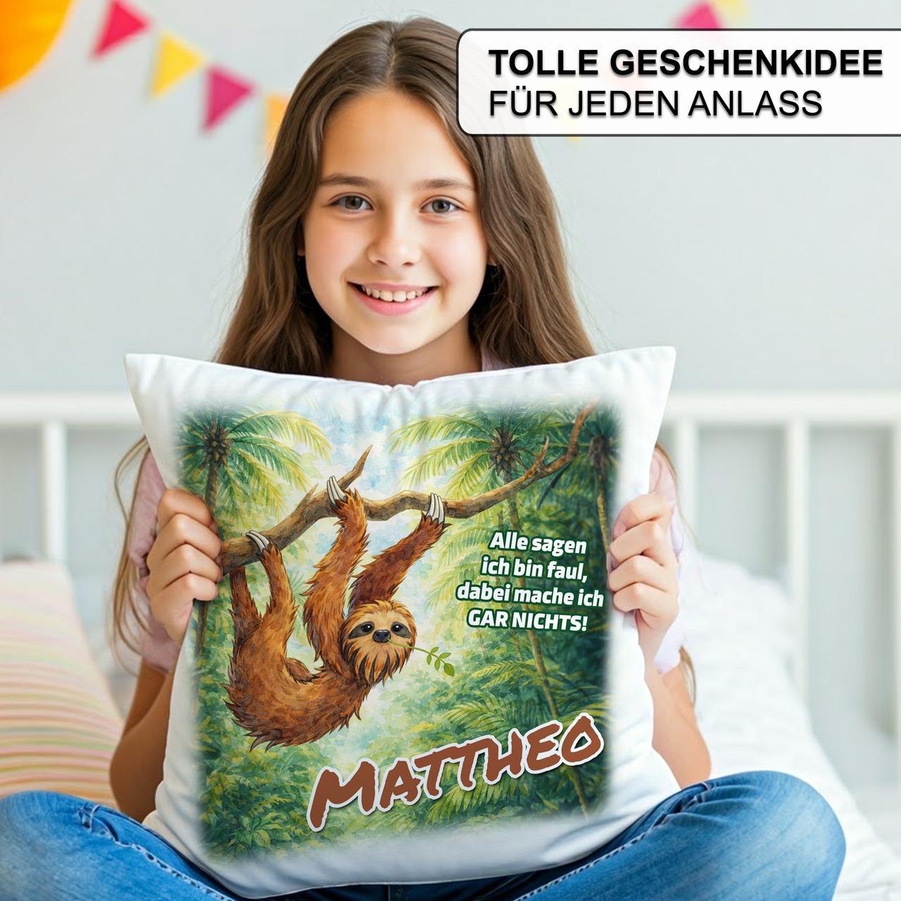 Personalisiertes Kissen mit Faultier und Name bedruckt