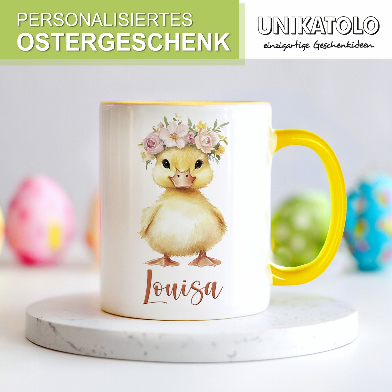 Unikatolo Ostertasse mit Name personalisiert Ente gelb