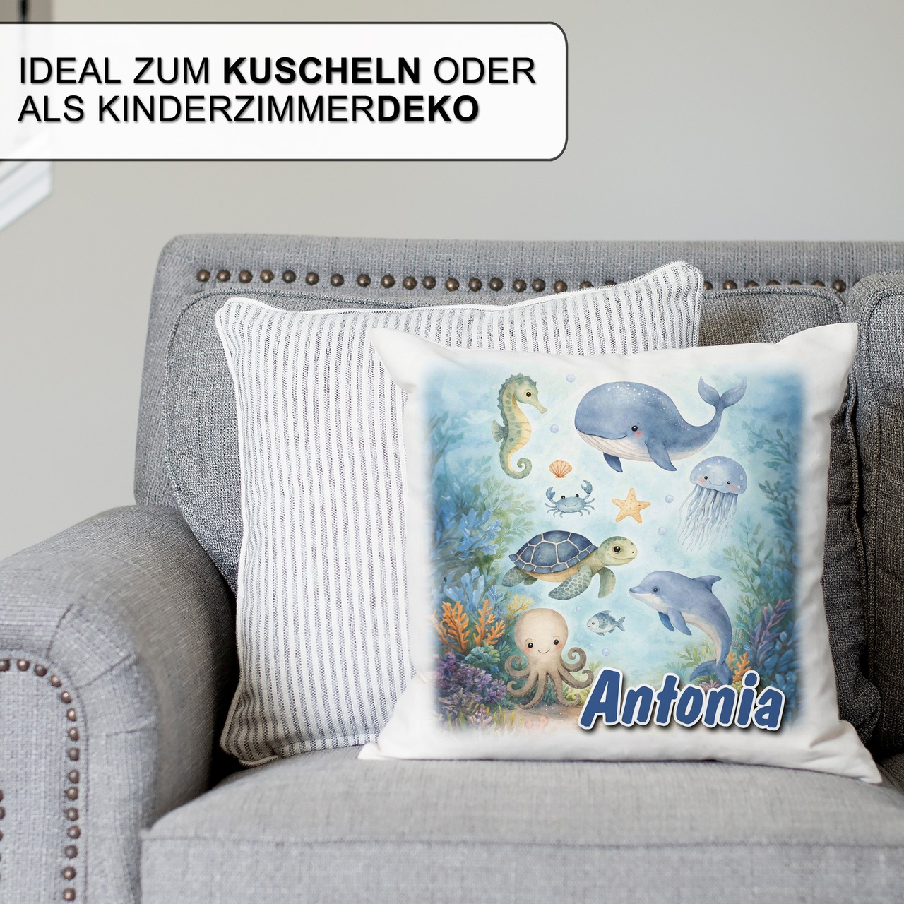 Personalisiertes Kissen mit Unterwasserwelt und Name bedruckt