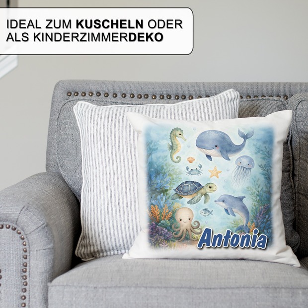 Personalisiertes Kissen mit Unterwasserwelt und Name bedruckt