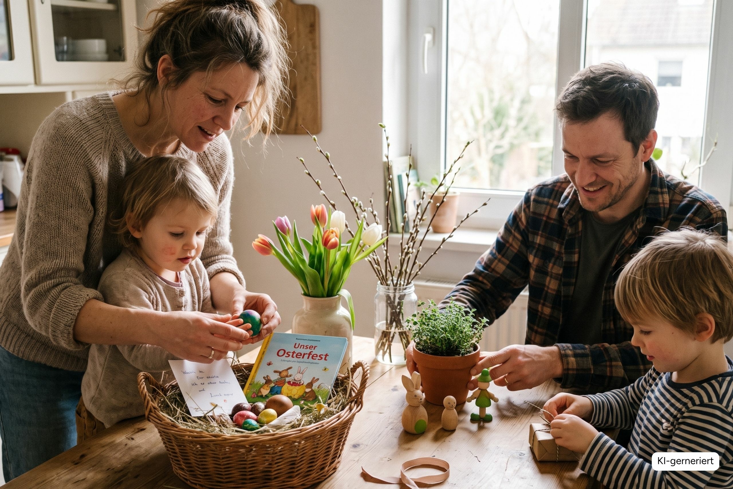 Familie mit Eltern und Kindern bereitet gemeinsam Osternest, Ostereier und kleine Geschenke für das Osterfest vor. | ©geschenke-personalisiert.de