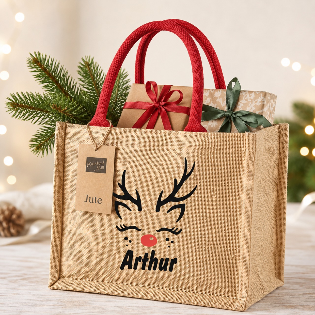 Unikatolo weihnachtliche Jute Tasche mit Name personalisiert