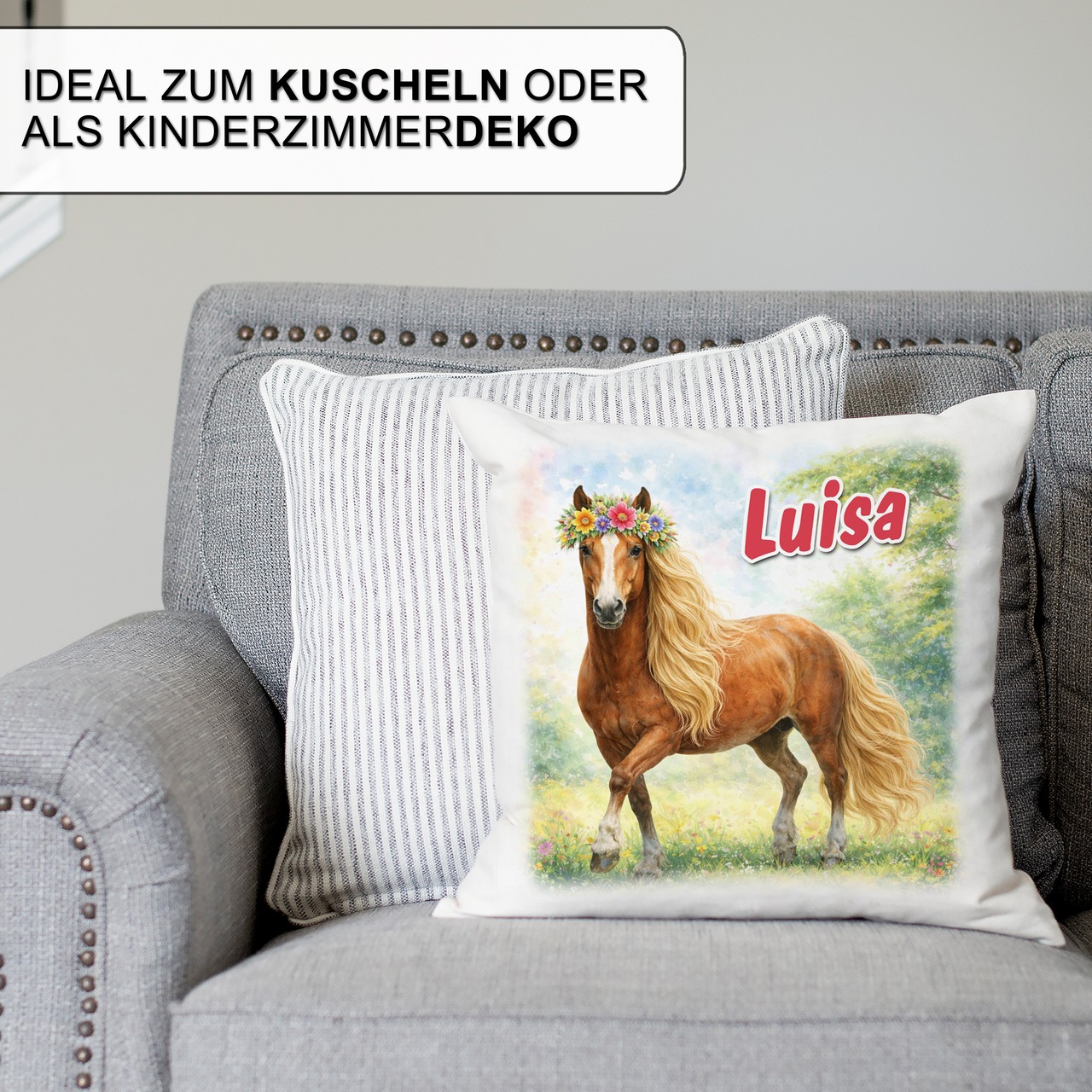 Personalisiertes Kissen mit Pferd und Name bedruckt