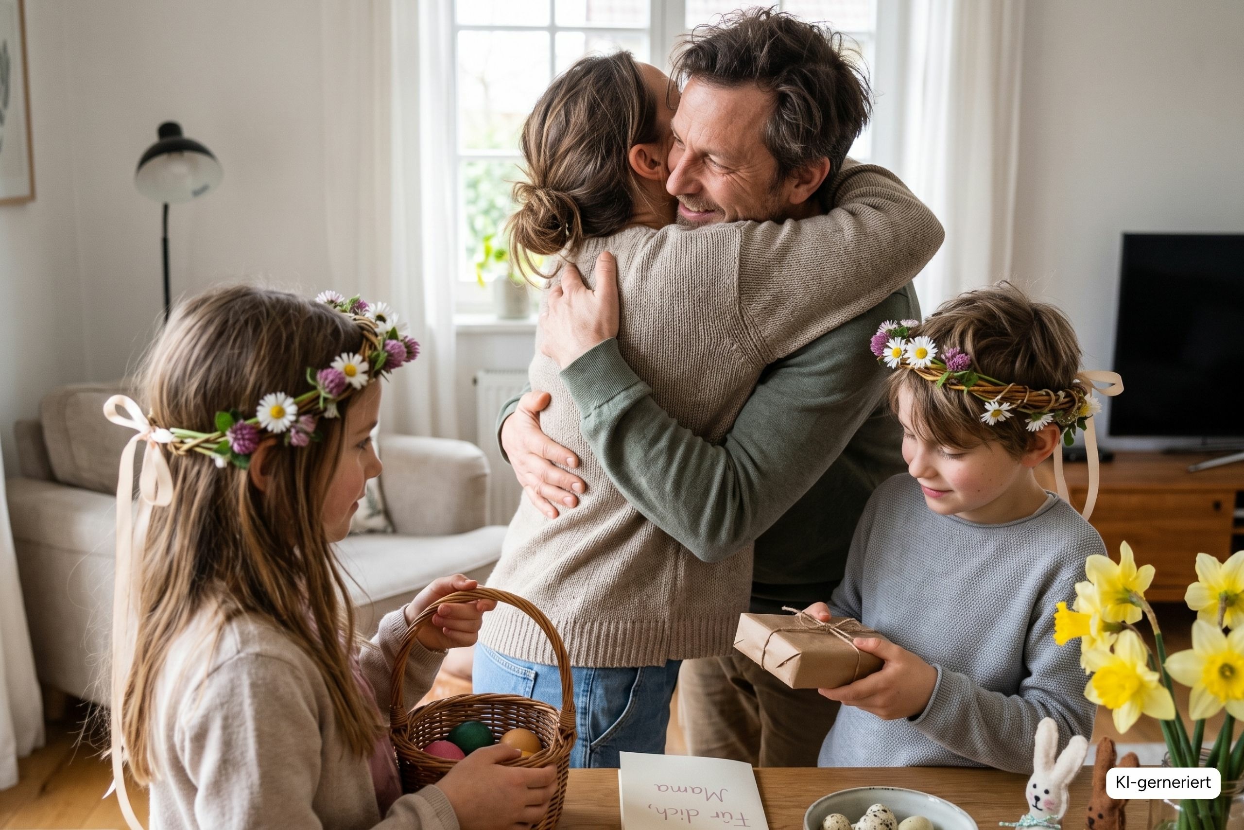 Zwei Erwachsene umarmen sich an Ostern, während Kinder mit selbst gebastelten Blütenkronen und kleinen Osterüberraschungen daneben stehen. | ©geschenke-personalisiert.de