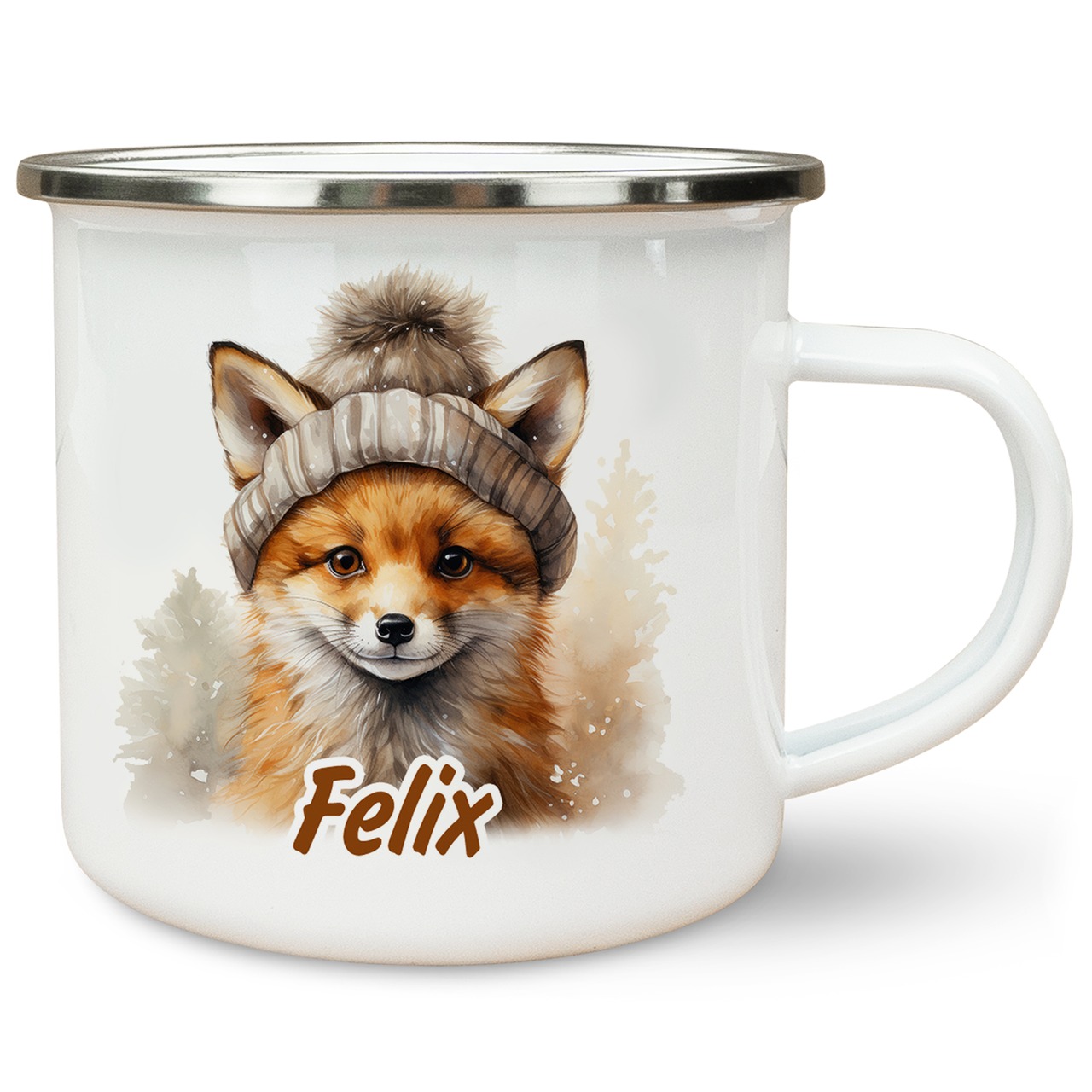 Unikatolo Emailletasse Fuchs Winter personalisiert mit Name