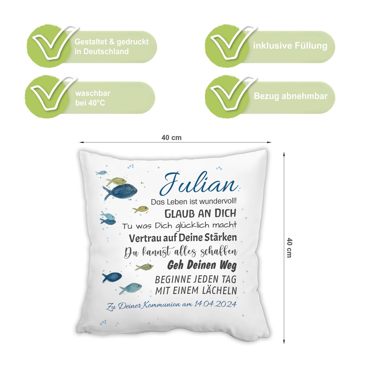 Unikatolo Kissen Konfirmation Jugendweihe BLAU mit Name personalisiert