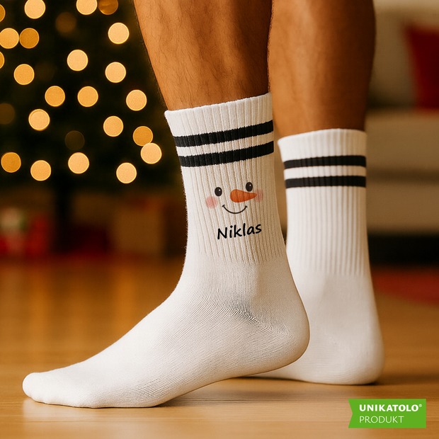 Weihnachtssocken Schneemannsgesicht mit Name