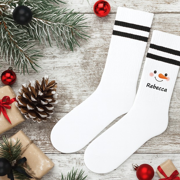 Weihnachtssocken Schneemannsgesicht mit Name