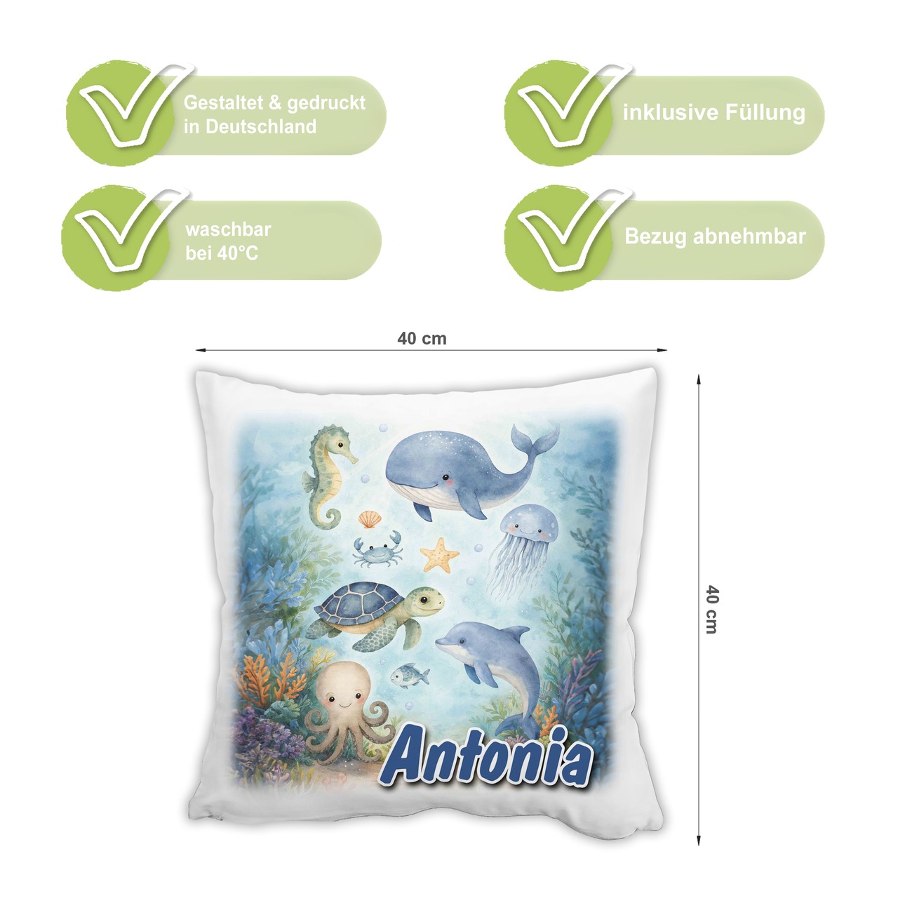 Personalisiertes Kissen mit Unterwasserwelt und Name bedruckt