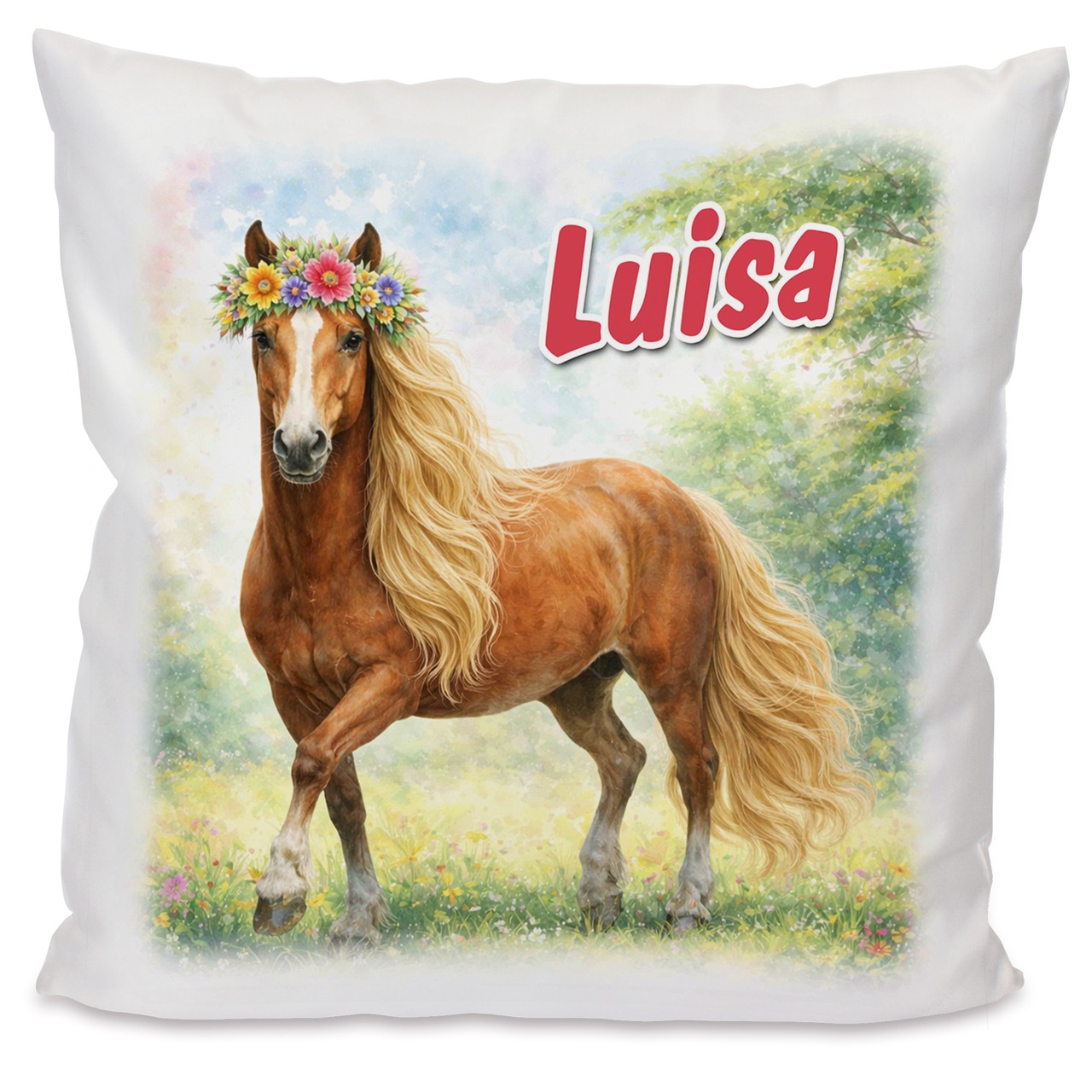 Personalisiertes Kissen mit Pferd und Name bedruckt