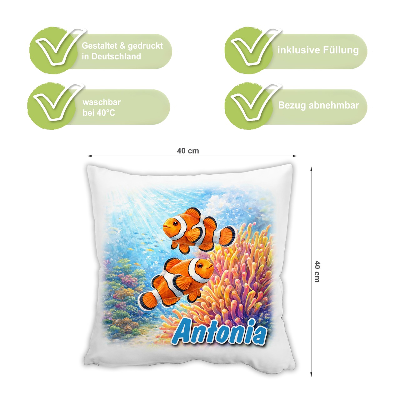 Personalisiertes Kissen mit Fische und Name bedruckt