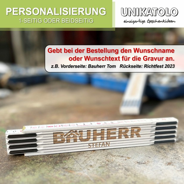 Unikatolo Zollstock weiß Bauherr mit Name graviert