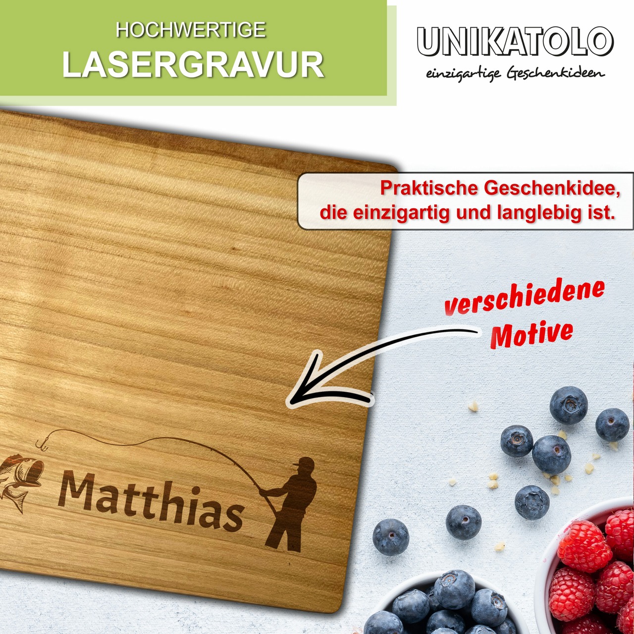 Unikatolo Herz Schneidebrett Kirschholz mit Name + Angler