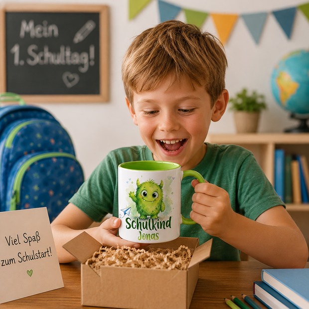 Unikatolo Tasse Schulkind Monster mit Name personalisiert GRÜN