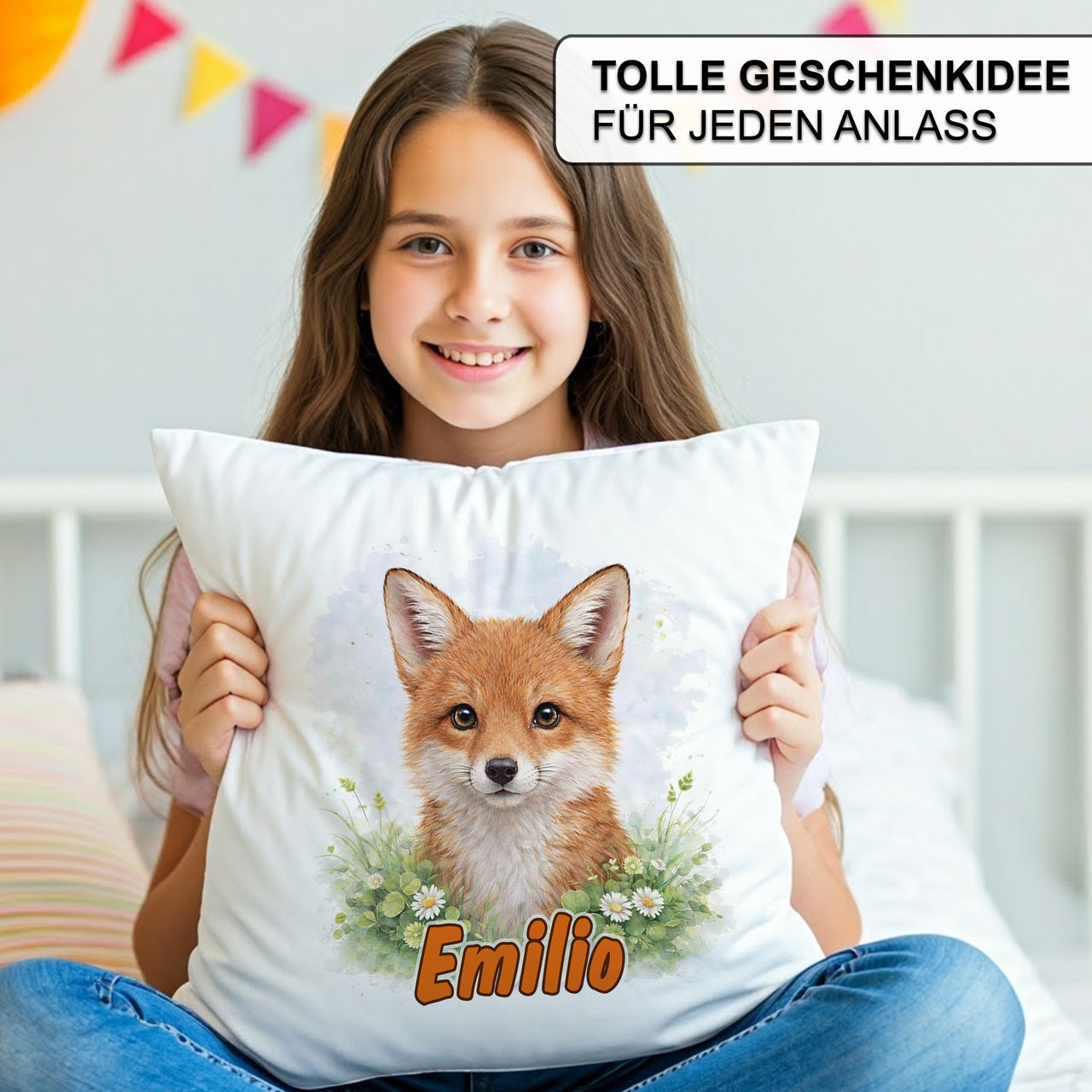 Personalisiertes Kissen mit Fuchs (2) und Name bedruckt