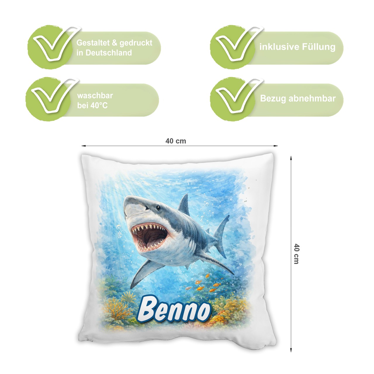 Personalisiertes Kissen mit Hai und Name bedruckt