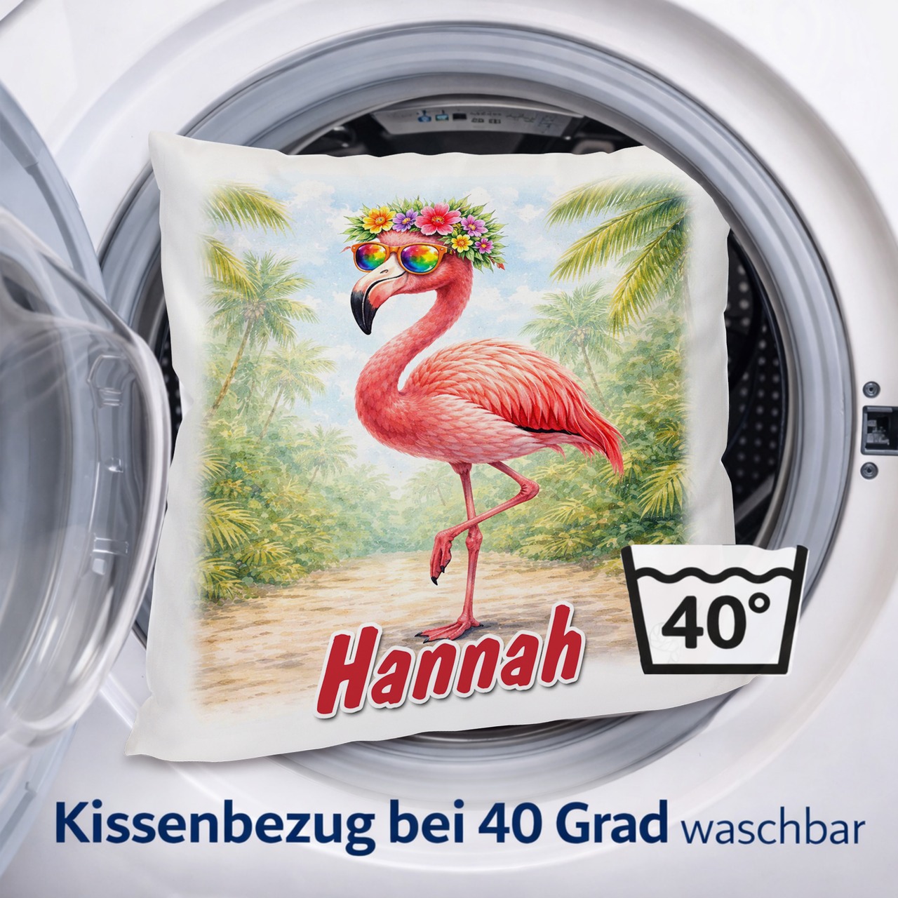 Personalisiertes Kissen mit Flamingo und Name bedruckt