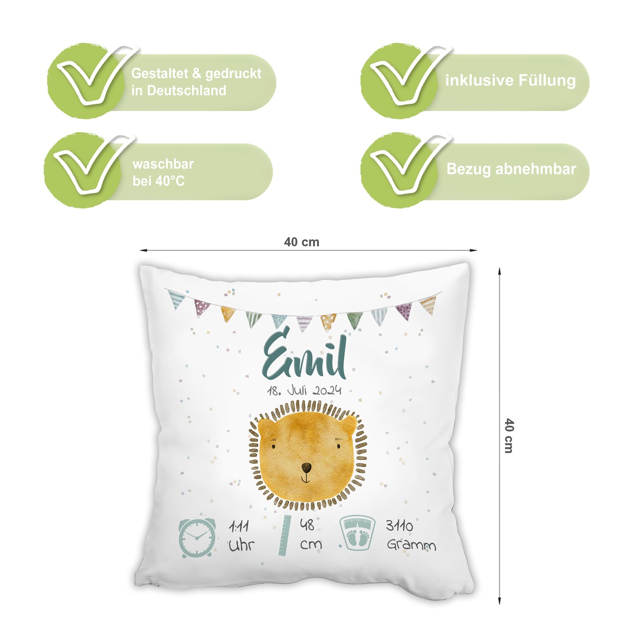 Personalisiertes Kissen zur Geburt mit Geburtsdaten | Löwe