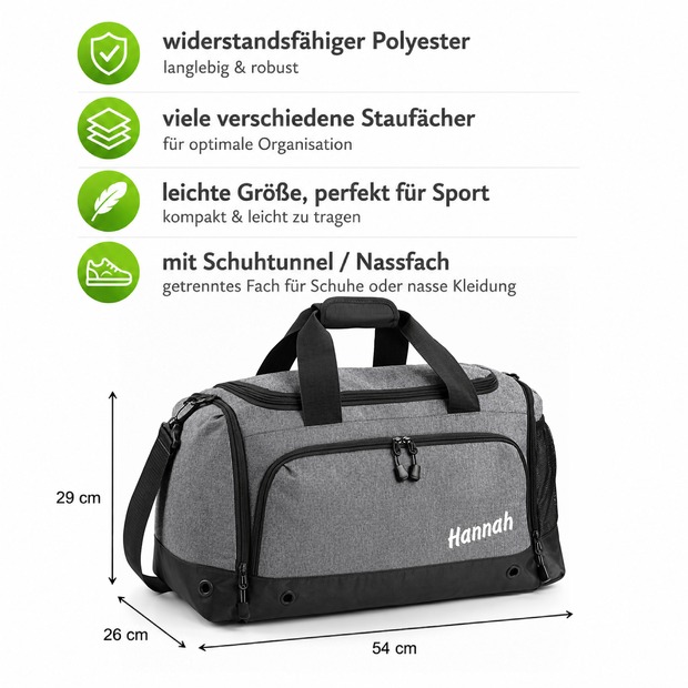 Unikatolo Sporttasche mit Name personalisiert Kinder & Erwachsene | GRAU