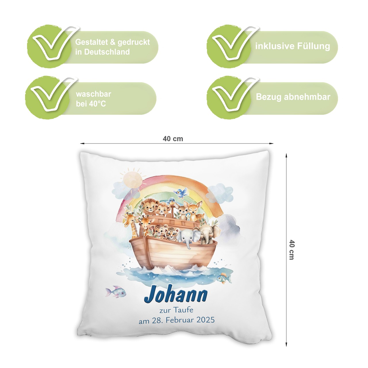 Personalisiertes Kissen zur Taufe mit Datum personalisiert