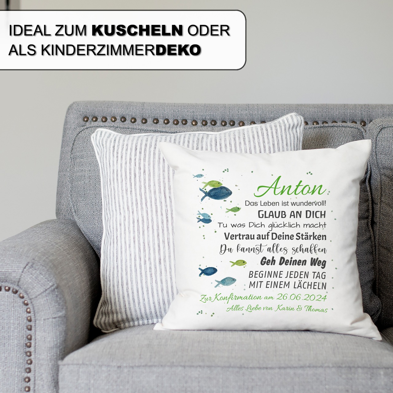Unikatolo Kissen Konfirmation Jugendweihe GRÜN mit Name personalisiert