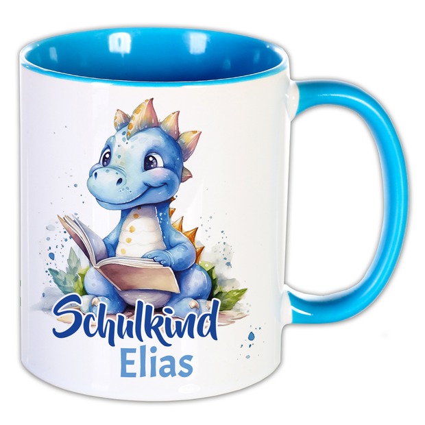 Unikatolo Tasse Schulkind Dino und Name personalisiert hellblau