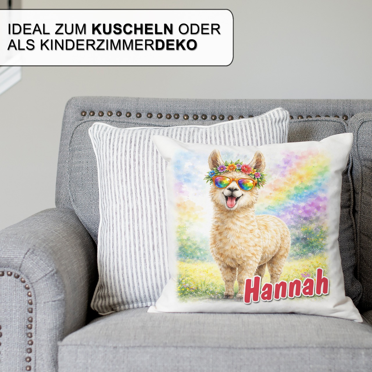 Personalisiertes Kissen mit Alpaka und Name bedruckt