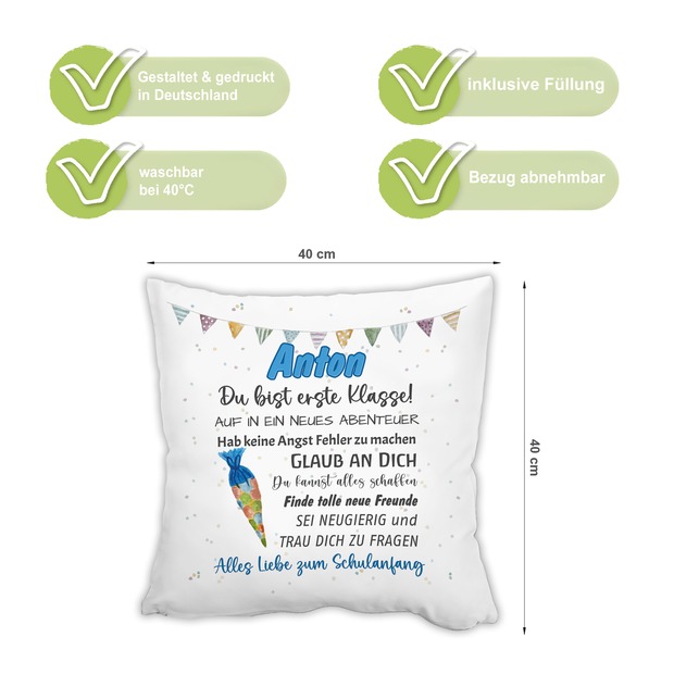 Unikatolo Kissen Schulkind blau mit Name personalisiert