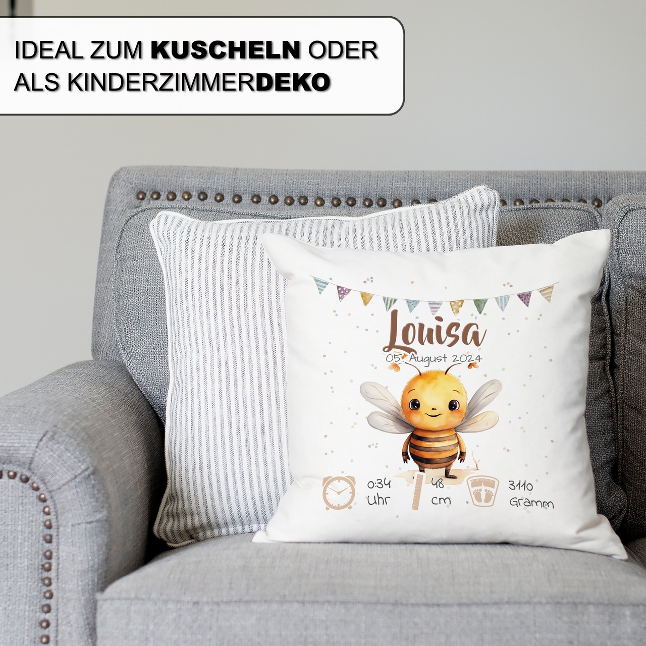 Personalisiertes Kissen zur Geburt mit Geburtsdaten | Biene