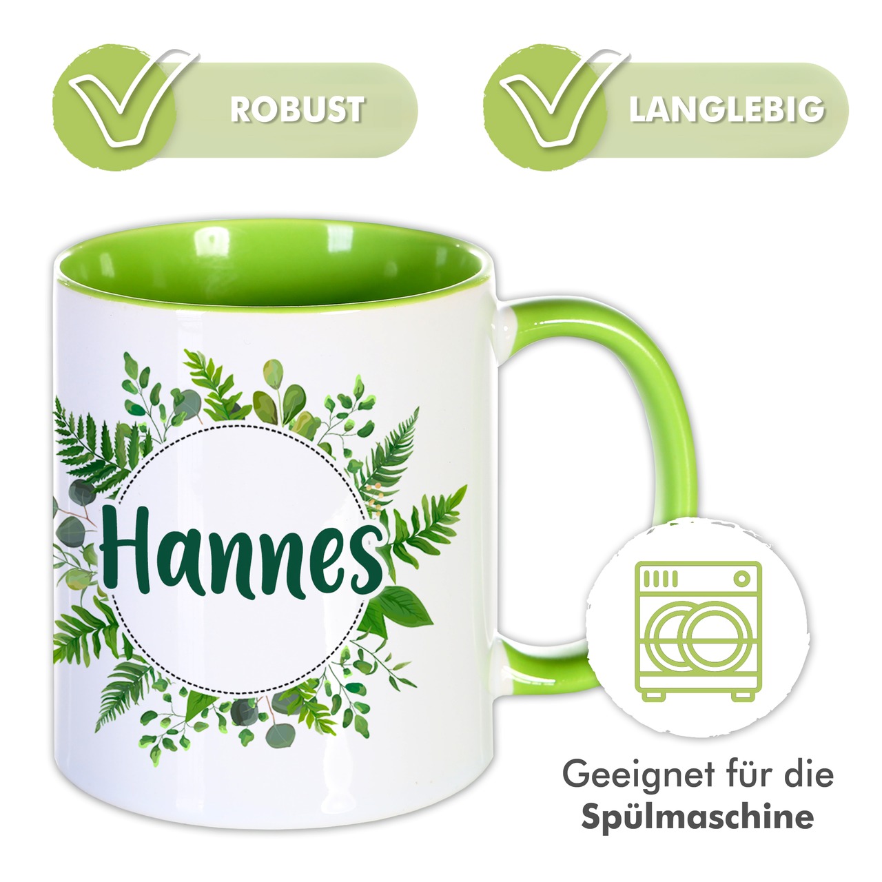 Unikatolo Tasse mit Name personalisiert Motiv Blätterranke Hellgrün