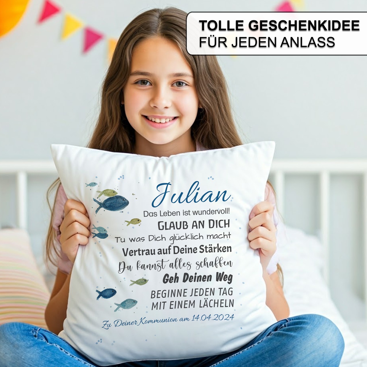 Unikatolo Kissen Konfirmation Jugendweihe BLAU mit Name personalisiert