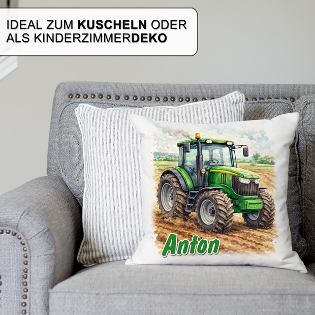 Personalisiertes Kissen mit Traktor und Name bedruckt