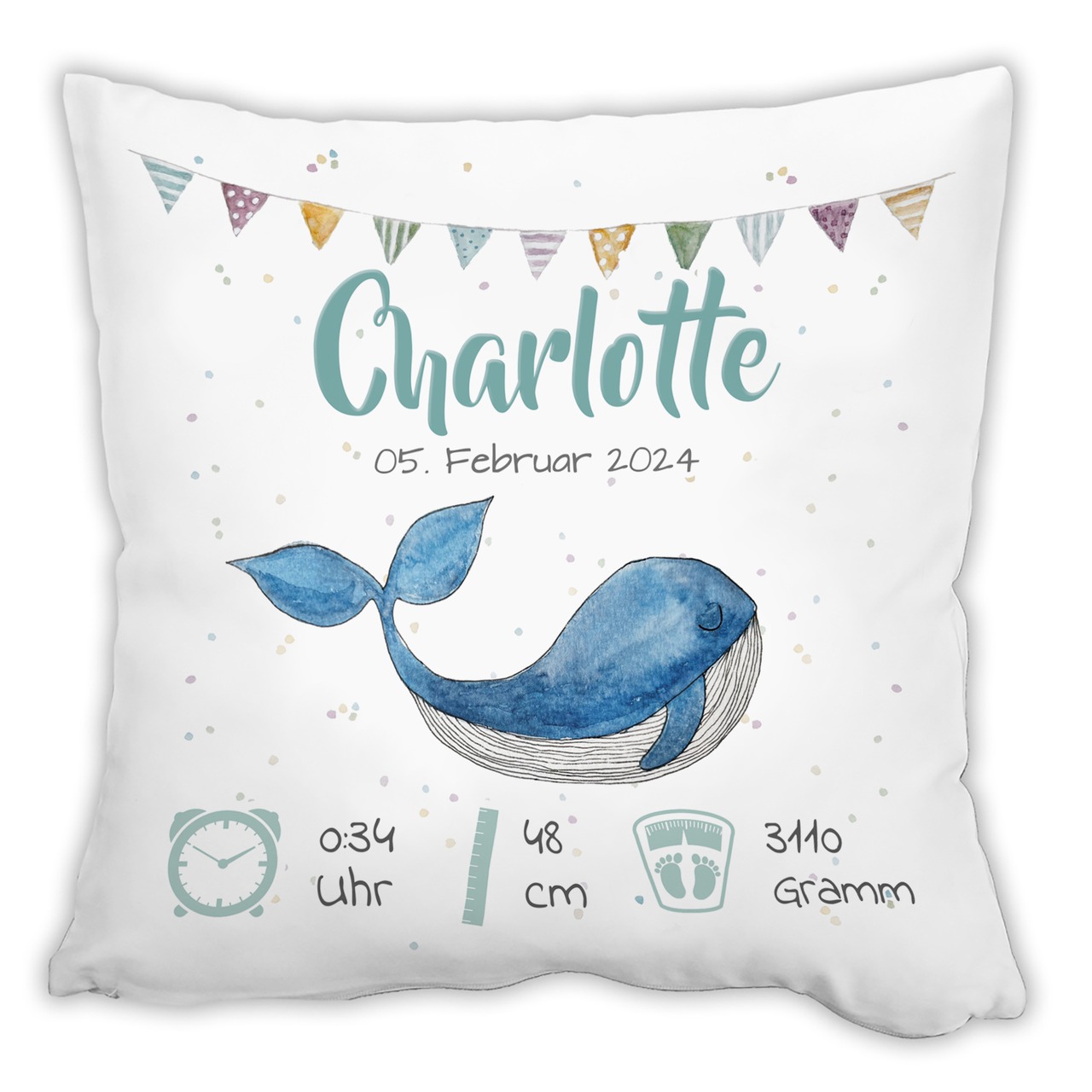 Personalisiertes Kissen zur Geburt mit Geburtsdaten | Wal