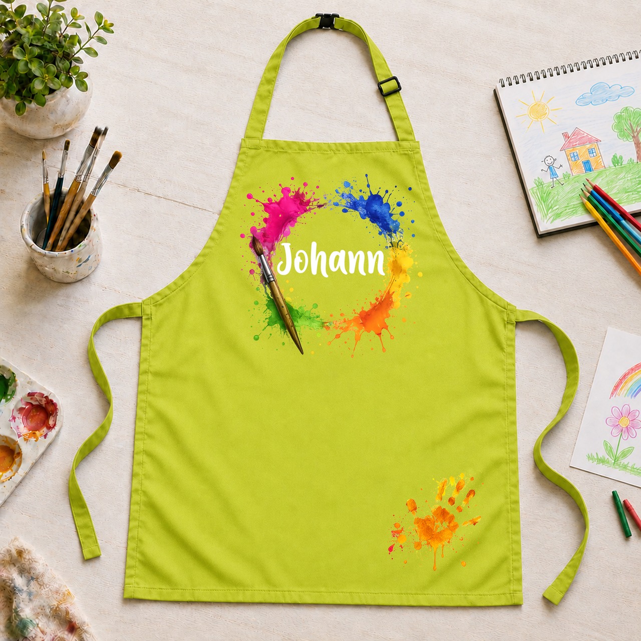 Unikatolo Kinderschürze Farbkleckse mit Name personalisiert | GRÜN